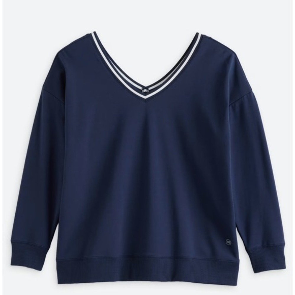 We Wander Wandersoft Fleece V-Neck Pullover Sweatshirt Womens M Navy Blue NWT